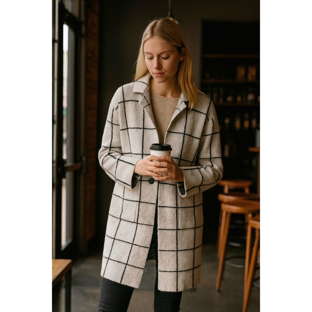Thread and Supply Cream Black Windowpane Plaid Longline Cardigan Coat L
